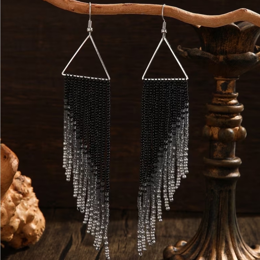 Boho Black & Silver Beaded Fringe Triangle Dangle Earrings